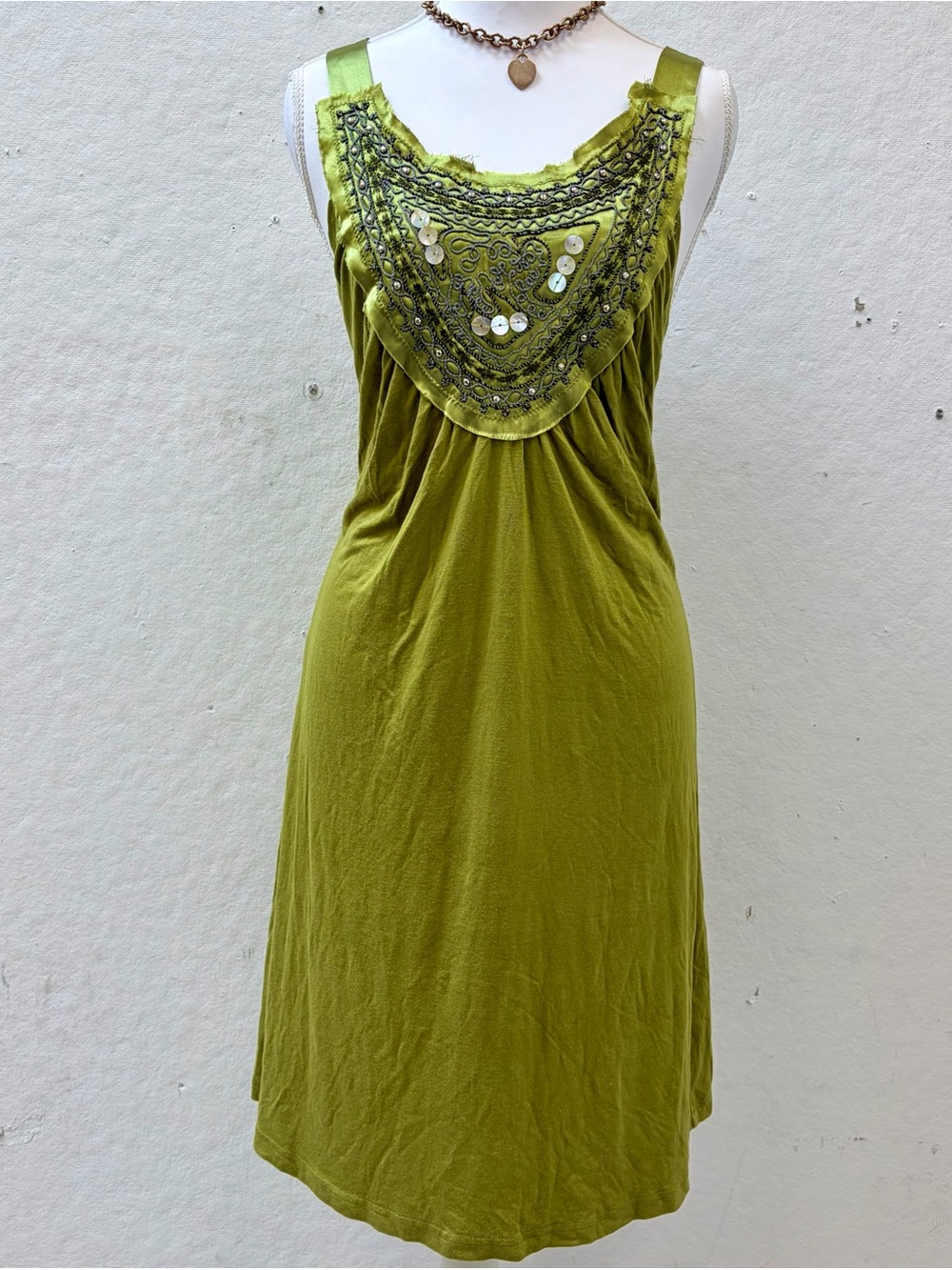 Vintage Embellished Olive Green Silk Bow Adjustable Dress